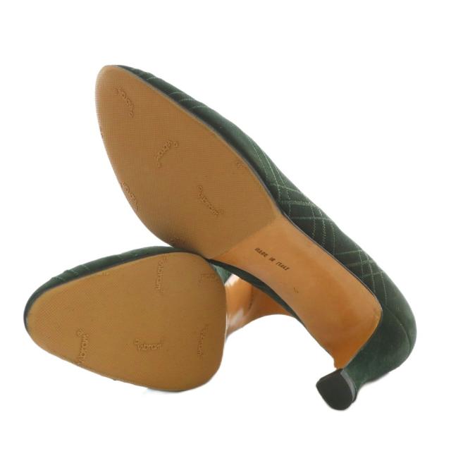 【中古】Salvatore Ferragamo パンプス スエード ポインテッドトゥ ヒール チェック柄 刺繍 総柄 7.5 24.5cm 緑