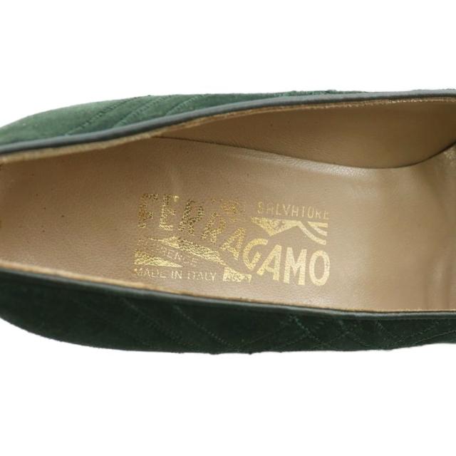 【中古】Salvatore Ferragamo パンプス スエード ポインテッドトゥ ヒール チェック柄 刺繍 総柄 7.5 24.5cm 緑