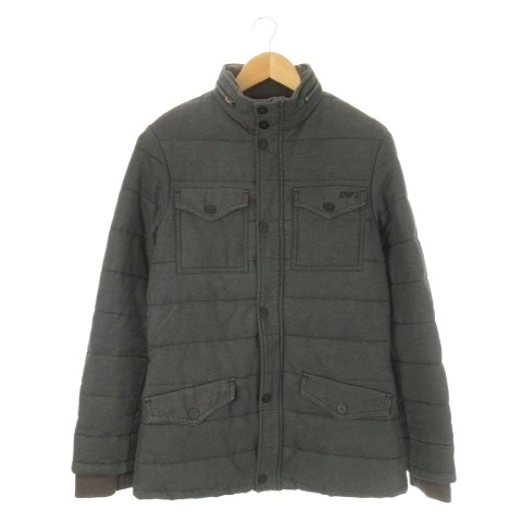 【中古】アルマーニ ジーンズ ARMANI JEANS 中綿ジャケット ダブルジップ スタンドカラー ロゴボタン S グレー
