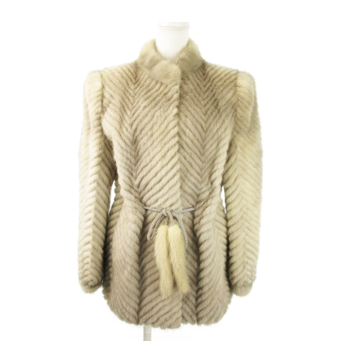 【中古】ノーブランド ファーコート ミンクファー 毛皮 スタンドカラー ミドル丈 ヘリンボーン 11 グレージュ