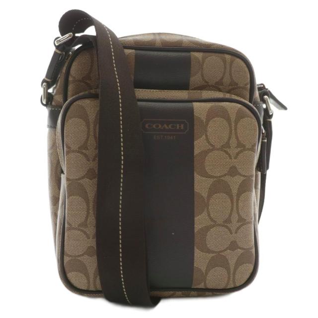 【中古】コーチ COACH ショルダーバッグ PVC レザー シグネチャー ヘリテージストライプ 総柄 ロゴ 茶色 F70589