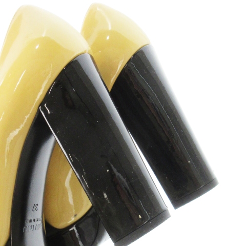 【中古】ミュウミュウ miumiu パンプス ハイヒール アーモンドトゥ エナメル 革 リボン 配色 37 24.0cm ベージュ