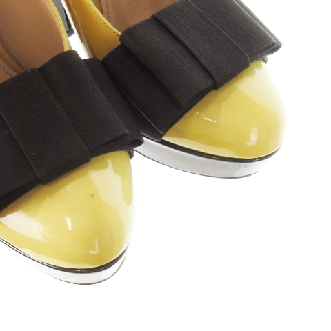 【中古】ミュウミュウ miumiu パンプス ハイヒール アーモンドトゥ エナメル 革 リボン 配色 37 24.0cm ベージュ