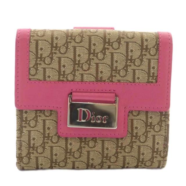 【中古】Dior 財布 二つ折り キャンバス レザー トロッター柄 Wホック 総柄 ロゴ シルバー金具 茶色 ピンク