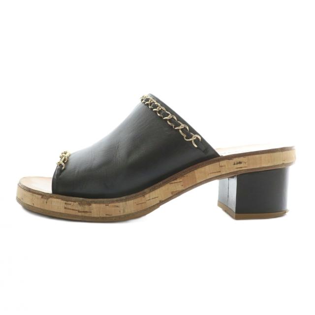 【中古】CHANEL ミュール サンダル レザー オープントゥ チェーン ココマーク 36.5 23.5cm 茶色 黒 G32880