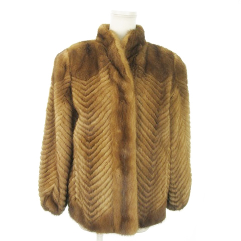 【中古】オズファー Wood Notes by OS FUR ファーコート ミドル丈 ミンク 毛皮 ヘリンボーン 9 茶 ブラウン