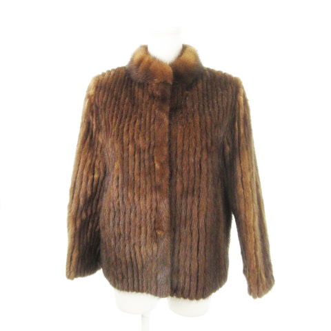 【中古】ジョセフィーヌ ファーコート ミンクファー 毛皮 ハーフ スタンドカラー ショート丈 ストライプ 9 茶