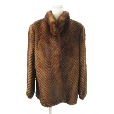 【中古】ノーブランド ファーコート ミンクファー 毛皮 ハーフ スタンドカラー ミドル丈 ヘリンボーン 15 茶