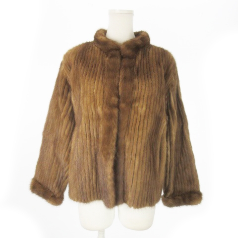 【中古】ノーブランド ファーコート ショート丈 ノーカラー ミンク 毛皮 ストライプ 茶 ブラウン /AO9 ■GY18