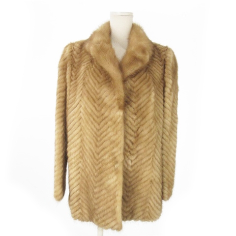 【中古】ノーブランド ファーコート ショート丈 テーラーカラー ミンク 毛皮 ヘリンボーン 大きいサイズ 13 茶