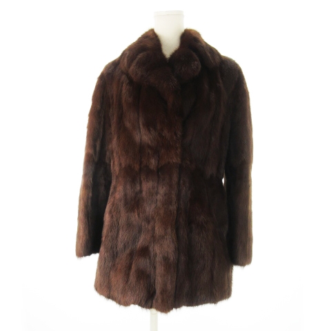 【中古】Broadway Fur ファーコート ミンク 毛皮 ミドル丈 ステンカラー 大きいサイズ 13 茶 ブラウン /CK12