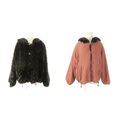 【中古】ノーブランド リバーシブル ファージャケット コート ミンク フーディ 毛皮 茶 ブラウン ピンク /AO19