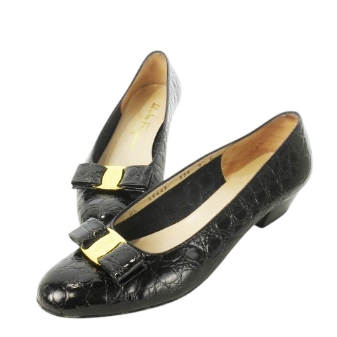 【中古】サルヴァトーレフェラガモ Salvatore Ferragamo BOUTIQUE パンプス 革 クロコ型押し ヴァラリボン 8 黒