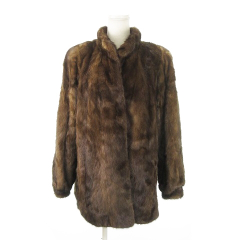 【中古】ノーブランド ファーコート ミンクファー 毛皮 スタンドカラー ミドル丈 大きいサイズ 13 茶 ブラウン