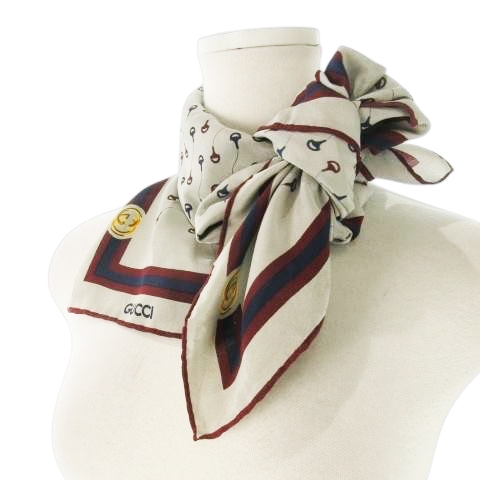 【中古】グッチ GUCCI 70s ヴィンテージ スカーフ シルク 絹 インターロッキング シェリーライン 総柄 ロゴ グレー