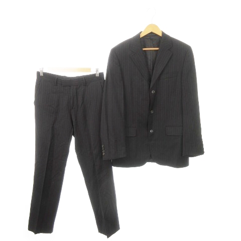 【中古】HUGO BOSS シングルスーツ セットアップ 上下 テーラードジャケット パンツ スラックス ストライプ 46 S 黒