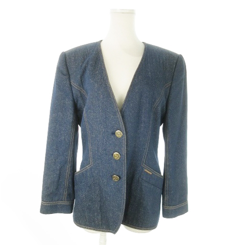 【中古】レオナール LEONARD FASHION ノーカラージャケット デニム Vカット 絹 シルク ロゴ刺繍 9AR 紺 ネイビー