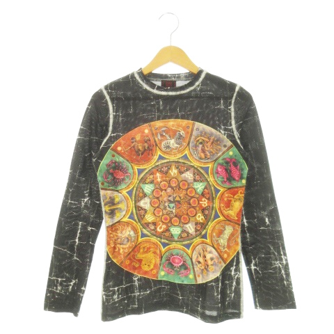 【中古】ジャンポールゴルチエ クラシック カットソー クルーネック 長袖 ストレッチ 12星座 総柄 40 L 黒 ブラック