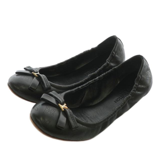 【中古】LOUIS VUITTON バレエシューズ パンプス レザー ラウンドトゥ モノグラム パンチング リボン 37 23.5cm 黒