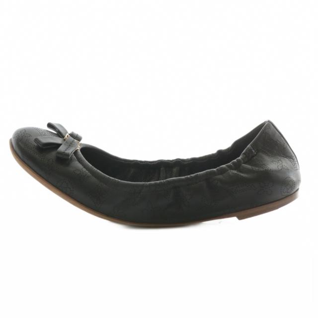 【中古】LOUIS VUITTON バレエシューズ パンプス レザー ラウンドトゥ モノグラム パンチング リボン 37 23.5cm 黒