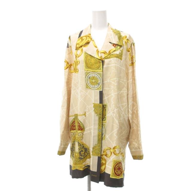 【中古】セリーヌ CELINE オールドセリーヌ ヴィンテージ シャツ ブラウス 絹 シルク スカーフ柄 総柄 42 ベージュ