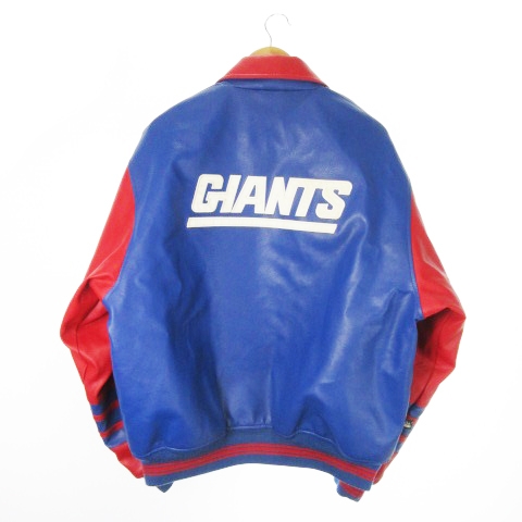 【中古】FIRST DOWN NFL NEW YORK GIANTS レザージャケット 革ジャン 中綿 ジップアップ 配色 バイカラー XL 青 中古】FIRST DOWN NFL NEW YORK GIANTS レザージャケット 革ジャン