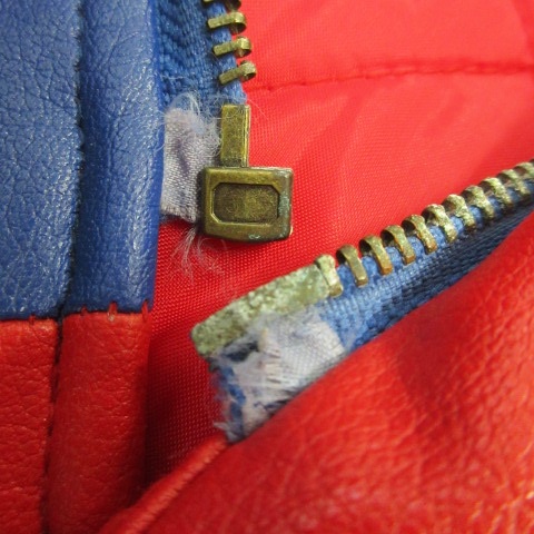 【中古】FIRST DOWN NFL NEW YORK GIANTS レザージャケット 革ジャン 中綿 ジップアップ 配色 バイカラー XL 青 中古】FIRST DOWN NFL NEW YORK GIANTS レザージャケット 革ジャン