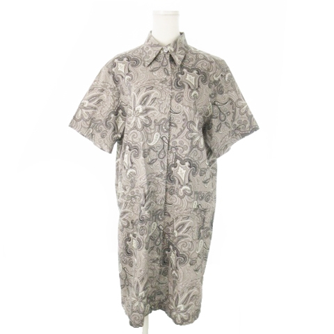 【中古】エトロ ETRO シャツワンピース ひざ丈 半袖 コットン ペイズリー 総柄 44 L グレー /AO20 ■GY18