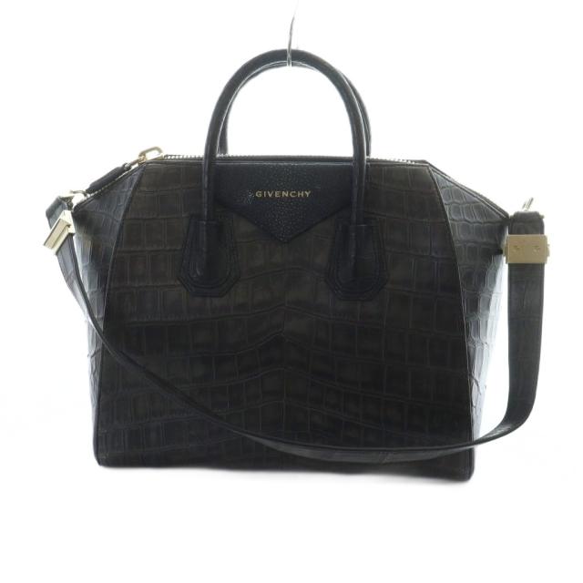 【中古】ジバンシィ GIVENCHY アンティゴナ Antigona ハンドバッグ ショルダーバッグ 2WAY クロコ型押し レザー 黒