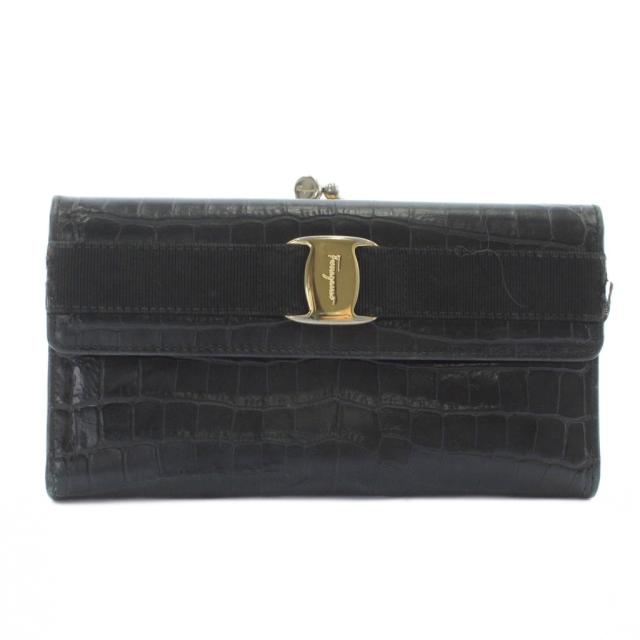 【中古】Salvatore Ferragamo ヴァラリボン 長財布 三つ折り レザー クロコ型押し がま口 ロゴ ゴールド金具 黒