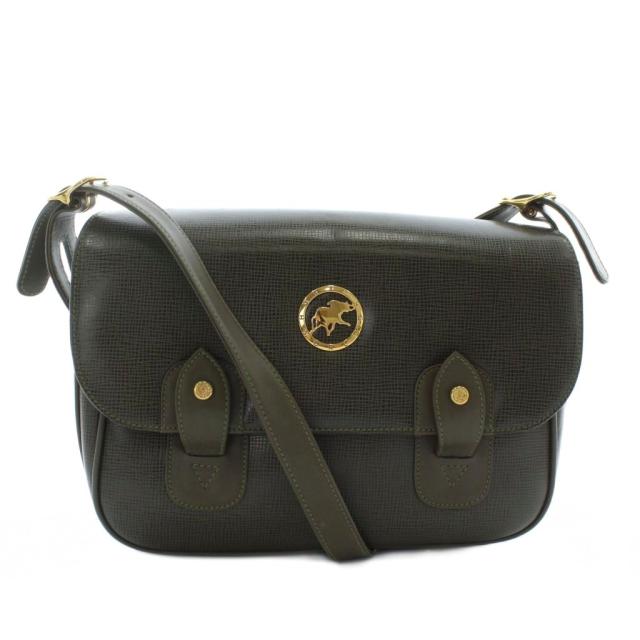 【中古】ハンティングワールド HUNTING WORLD ショルダーバッグ メッセンジャー レザー ロゴ ゴールド金具 カーキ