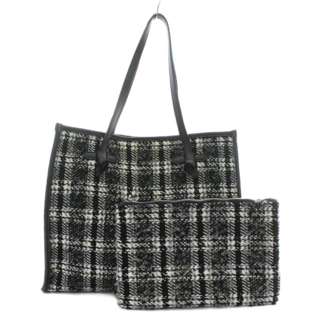 【中古】GIANNI CHIARIN マルチェッラ トートバッグ ハンド ツイード レザー チェック柄 総柄 ポーチ付き 黒 白