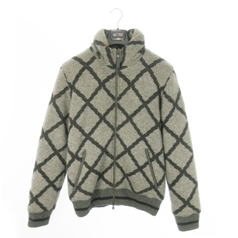 【中古】ARMANI JEANS AJ ニットブルゾン 中綿 スタンドカラー ダブルジップ 総柄 フード収納 ハンガー付 XL グレー