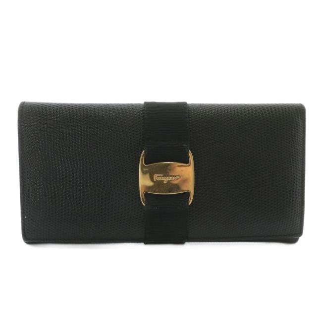【中古】Salvatore Ferragamo ヴァラ VARA 長財布 二つ折り レザー リザード型押し ロゴ ゴールド金具 黒