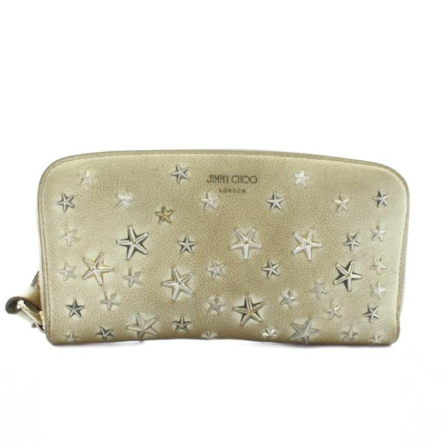 【中古】JIMMY CHOO フィリッパ 長財布 レザー ラウンドファスナー 星 スター スタッズ 総柄 ロゴ ゴールド色