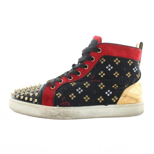 【中古】Christian louboutin スニーカー スエード レザー ハイカット スパイクスタッズ 刺繍 ロゴ 40.5 25.5cm 黒 赤