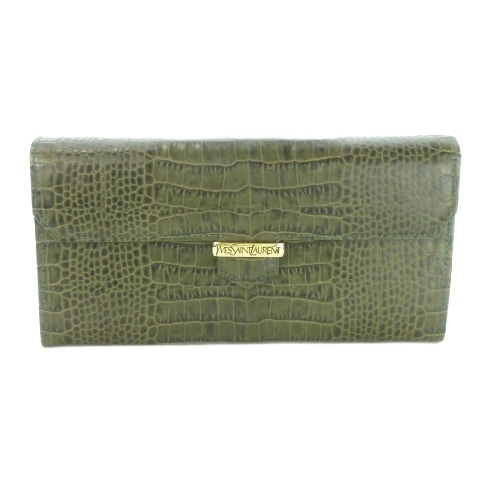 【中古】イヴサンローラン YVES SAINT LAURENT 長財布 ロングウォレット 小銭入れあり 型押しクロコ ロゴ 緑
