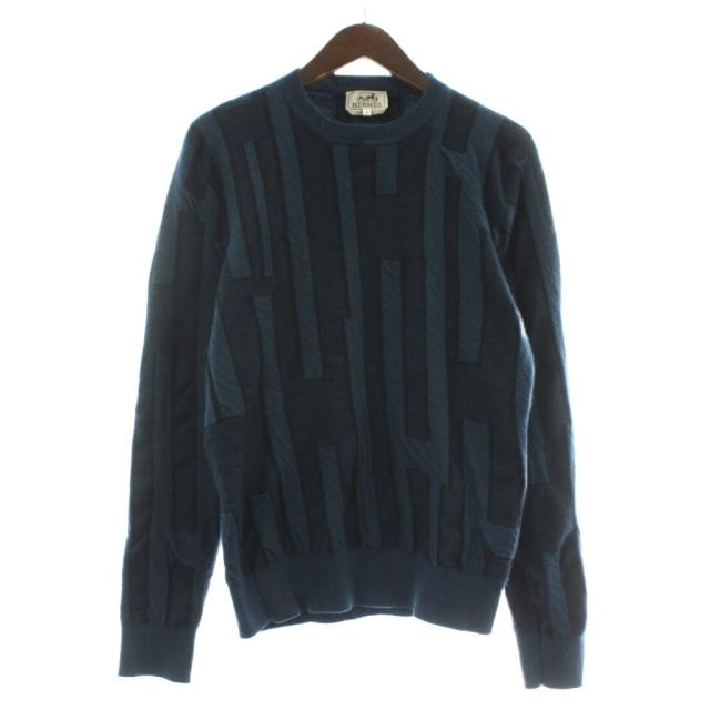 【中古】エルメス HERMES イタリア製 ニット セーター カシミヤ100% 長袖 クルーネック Hロゴ 総柄 S 紺 ネイビー