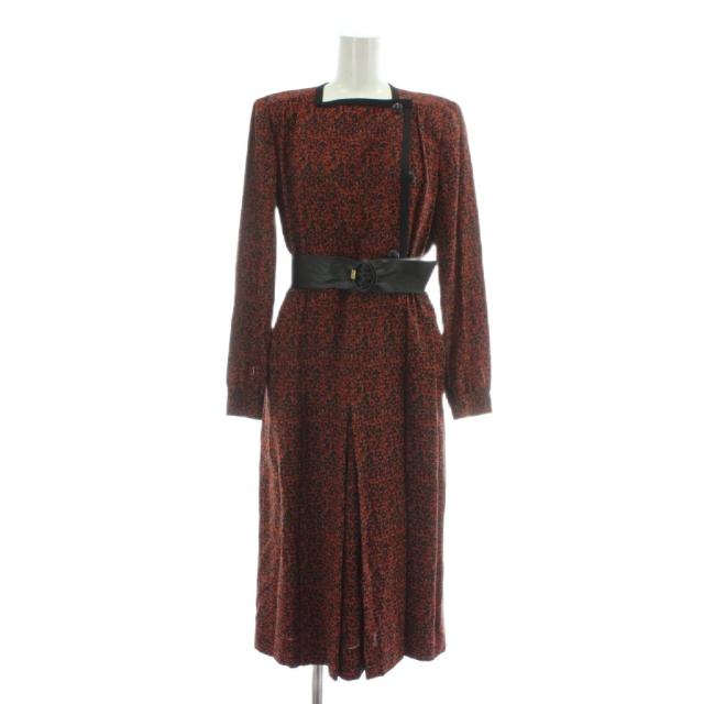 【中古】クリスチャンディオール プレタポルテ ヴィンテージ ワンピース 絹 シルク ウール混 ロング 総柄 9 赤 黒