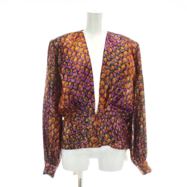 【中古】未使用品 ジバンシィ GIVENCHY ヴィンテージ ノーカラー ジャケット 絹 シルク 肩パッド 総柄 12 紫 オレンジ