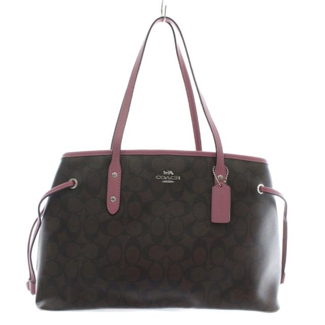 【中古】COACH トートバッグ ワンショルダー PVC レザー シグネチャー 総柄 ロゴ シルバー金具 茶色 ピンク F57842