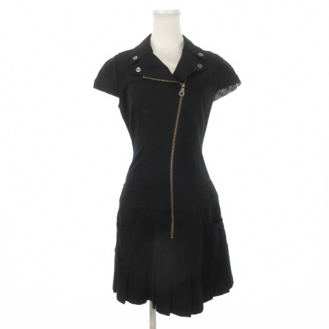 【中古】バーバリーブルーレーベル ミニワンピース ライダースデザイン 半袖 38 M 黒 ブラック ロゴ刺繍 ステッチ
