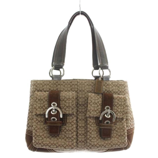 【中古】コーチ COACH ハンドバッグ トート キャンバス スエード レザー ミニシグネチャー 総柄 茶色 ブラウン 3646