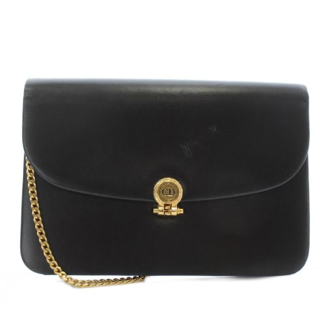 【中古】クリスチャンディオール ヴィンテージ チェーン ショルダーバッグ レザー CDロゴ ゴールド金具 黒
