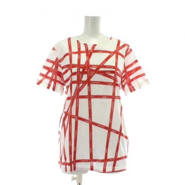 【中古】HERMES マルジェラ期 ボルデュック Tシャツ カットソー 半袖 クルーネック リボン柄 ロゴ 総柄 L 白 赤
