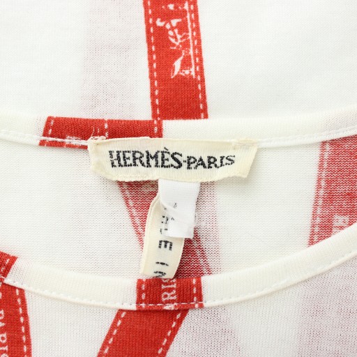 【中古】HERMES マルジェラ期 ボルデュック Tシャツ カットソー 半袖 クルーネック リボン柄 ロゴ 総柄 L 白 赤_3