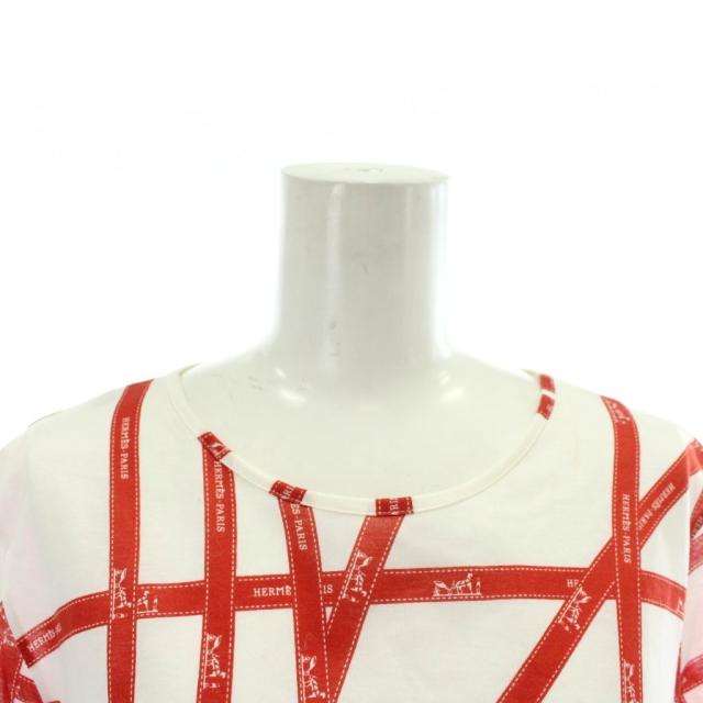【中古】HERMES マルジェラ期 ボルデュック Tシャツ カットソー 半袖 クルーネック リボン柄 ロゴ 総柄 L 白 赤_4