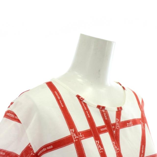 【中古】HERMES マルジェラ期 ボルデュック Tシャツ カットソー 半袖 クルーネック リボン柄 ロゴ 総柄 L 白 赤_5