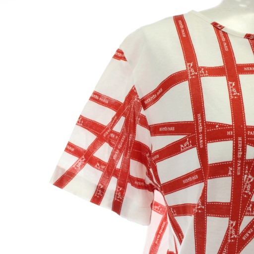 【中古】HERMES マルジェラ期 ボルデュック Tシャツ カットソー 半袖 クルーネック リボン柄 ロゴ 総柄 L 白 赤_6
