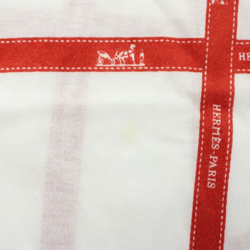 【中古】HERMES マルジェラ期 ボルデュック Tシャツ カットソー 半袖 クルーネック リボン柄 ロゴ 総柄 L 白 赤_7